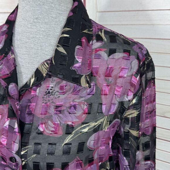Vintage Notations Sheer Floral Check Shimmer Blouse Black Purple Large - Picture 5 of 11